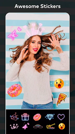 Sticker decoration feature showing portrait with decorative emoji flower pizza and heart stickers on striped background