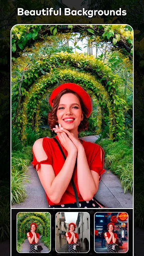 Beautiful backgrounds interface displaying portrait with green ivy archway, showing multiple nature background options