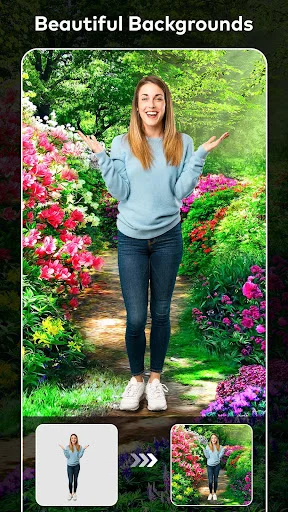 Background changer showing portrait with pink flowering garden borders option, demonstrating nature photo frame selection