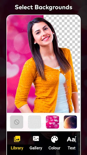 Background selection interface with transparent background option visible, library gallery color and text editing tools displayed
