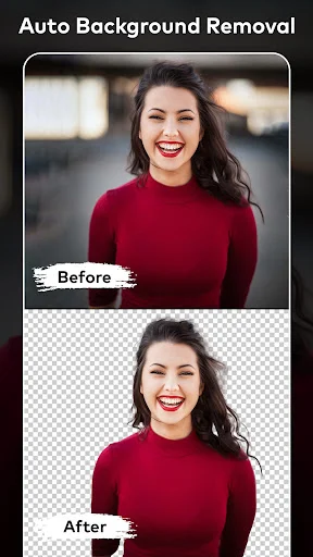 Auto background removal tool displaying before-and-after comparison of background eraser on portrait photo