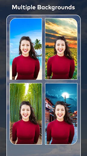 Multiple backgrounds feature showing portrait applied across four different nature backgrounds: beach sunset forest night
