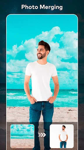 Photo merging feature showing portrait subject against beach background with before and after preview images