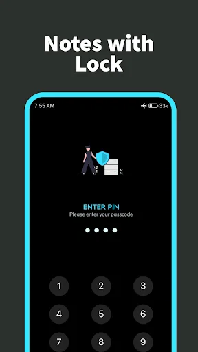 PIN lock security screen in Black Notepad notes app with numeric keypad for entering password protection