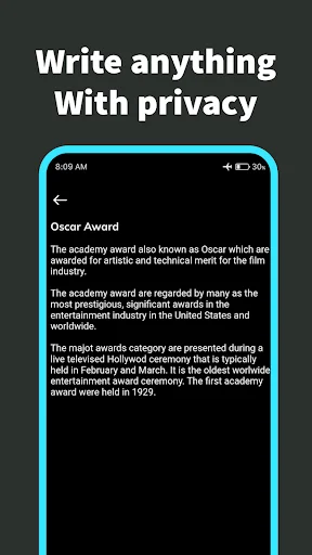 Writing interface in Black Notepad showing detailed note with full text editing and privacy protection features