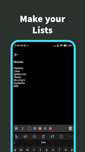 Movie list creation in Black Notepad with text formatting toolbar: bold, italic, colors, bullet points, and more