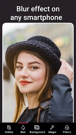 Blur Photo Editor app home screen showing portrait with blurred background and Unblur, Blur, Background, Magic, Filters editing tools