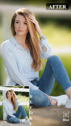 Before and after comparison view demonstrating background blur effect enhancement on portrait photography with Blur button