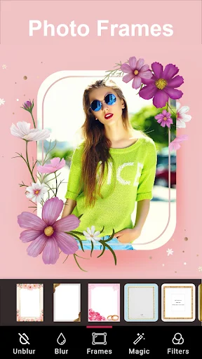 Photo frames editor featuring decorative floral border frames with frame template options for portrait photo personalization