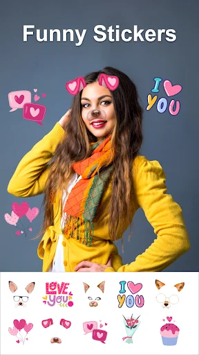 Funny stickers feature showing heart and love emoji stickers applied to portrait with decorative sticker pack selection