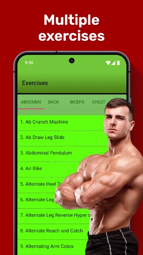 Multiple exercises feature: Mobile interface displaying workout routine list for different muscle groups