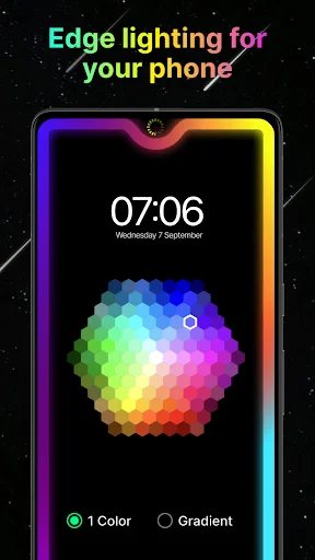 Edge Lighting RGB border with color wheel selector and 1 Color or Gradient options for phone personalization
