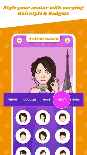Style your avatar with varying Hairstyle & Gadgets screen showing multiple hair options for cartoon customization