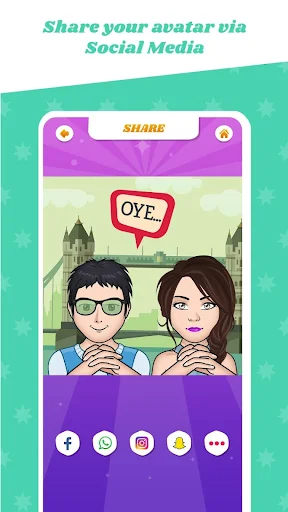 Share your avatar via Social Media interface with cartoon couple and sharing buttons for popular social platforms
