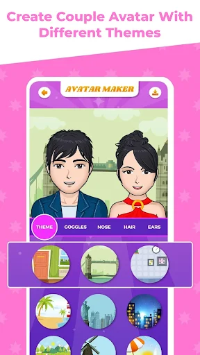 Avatar Maker couple creation screen with theme, glasses, nose, hair, ears customization options and backgrounds