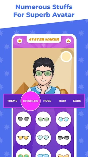 Avatar Maker character editor with male avatar and eyeglass options grid for cartoon character customization