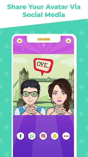 Share cartoon couple avatar on social media with buttons for Facebook, WhatsApp, Instagram, and more platforms