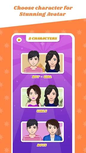 Choose character for Stunning Avatar interface displaying multiple male and female character pairs to select from