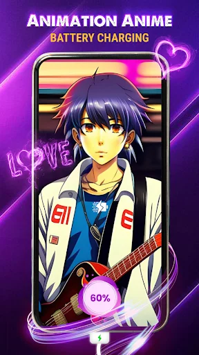 Battery Charging Animation app with anime character theme showing 60% battery indicator in pink neon glow effect with love-themed decorative elements and guitar visual