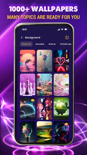 Battery Charging Animation app wallpaper selection screen showing 100+ wallpapers organized by categories including Abstract, Amused, Anime, and Christmas themed backgrounds