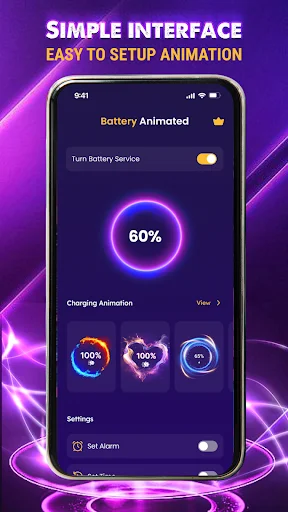 Battery Charging Animation app main setup screen with simple interface showing 60% battery animation, battery service toggle, charging animation selector, and alarm settings for easy customization