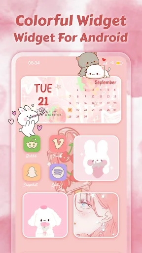 Colorful Widget Android app with pink-themed widgets including calendars, weather, and cute animal designs for phones