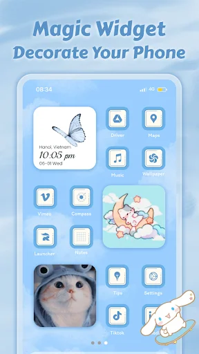 Magic Widget interface featuring blue-themed customizable widgets with clocks, apps, and cute character illustrations