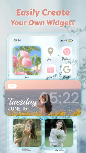 Widget creation tool with photo widgets, time displays, and layout options for personalizing Android home screen design