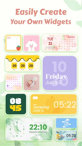 Colorful Widget templates showing customizable widget sizes and styles for creating personalized Android home screen decor