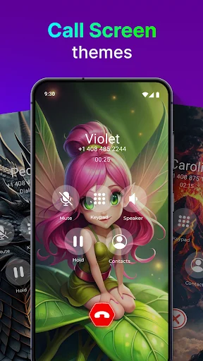 Call Screen Theme app displaying violet flower-themed call interface with customizable buttons and incoming call controls