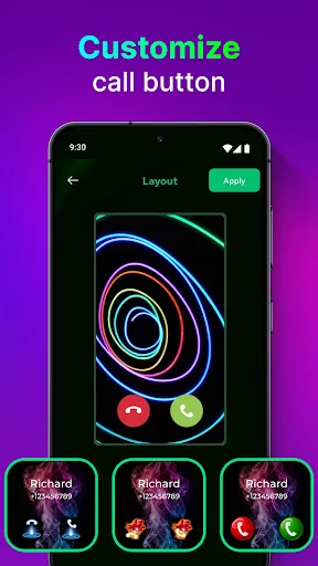 Customize call button interface with neon geometric designs, color options, and preview of accept/decline button themes