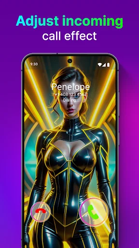 Incoming call effect with neon lightning design, futuristic character theme, and customizable accept/decline button colors