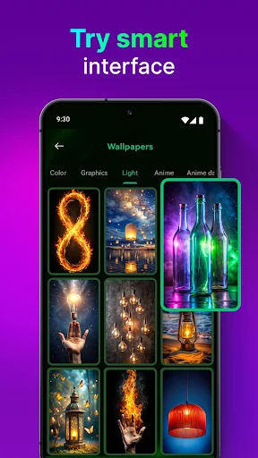 Smart interface with category filters (color, graphics, light, anime) for browsing 1000+ call screen theme wallpapers