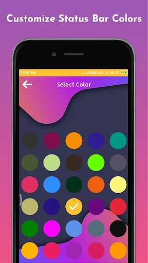 Color selection palette with 25+ vibrant options to personalize and customize mobile device status bar appearance
