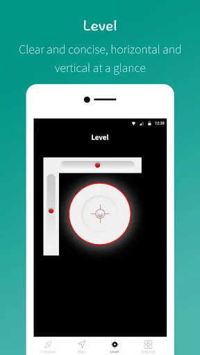 Level tool screen with circular bubble level indicator showing horizontal and vertical alignment with red tilt indicators on edges