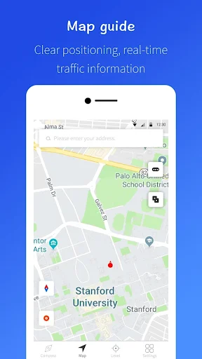 Map positioning feature with real-time traffic information showing GPS location tracking on detailed map view with navigation markers
