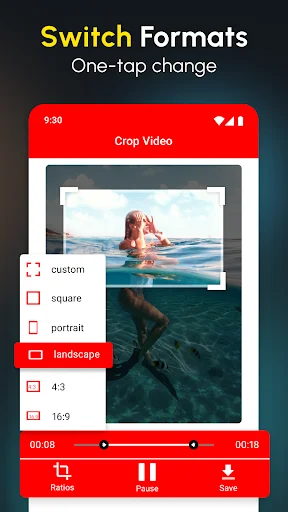 Switch Formats feature displaying video aspect ratio options including landscape, portrait, and square