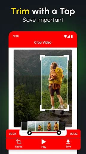 Trim with a Tap feature showing forest video with adjustable trim handles and frame timeline