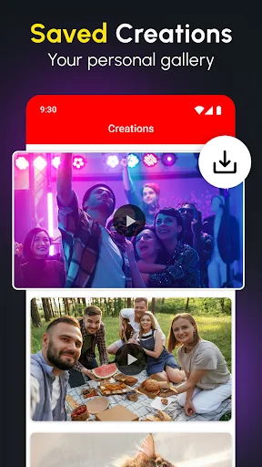 Saved Creations gallery displaying multiple edited video thumbnails with download functionality