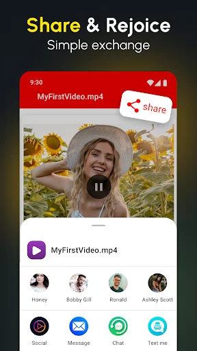 Video sharing interface with cropped video, share button, and quick contact suggestion options