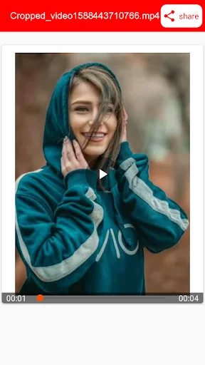 Cropped video result preview displaying filename, share button, and video duration on timeline