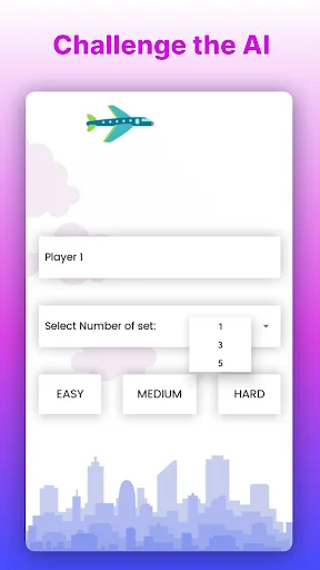 Single player mode setup screen with AI difficulty levels Easy, Medium, and Hard