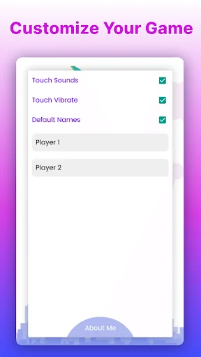 Settings and customization screen with audio, vibration, and player name options