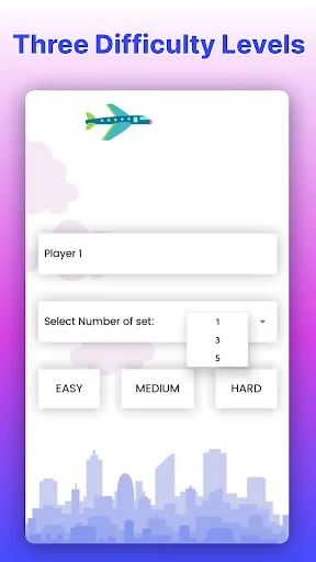 AI opponent difficulty level selection with Easy, Medium, Hard buttons and set configuration
