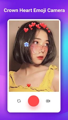 Selfie with red heart emoji crown and decorative flower face stickers applied in emoji beauty camera filter
