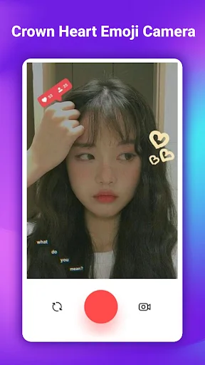 Girl portrait with red nail emoji stickers on fingers and yellow heart face filter in emoji photo editor