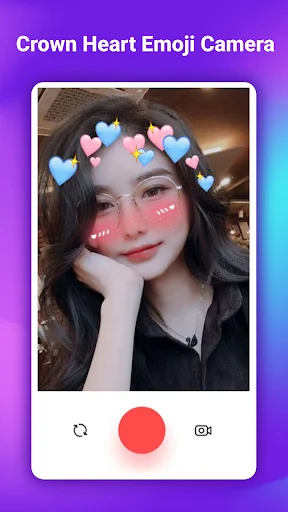 Cute selfie with blue and pink heart emoji crown and pink face stickers for photo decoration