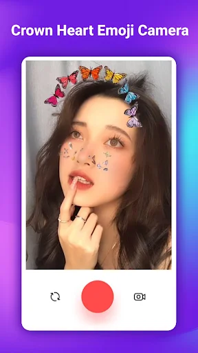 Girl portrait with colorful butterfly emoji crown and glitter star face filters applied to photo