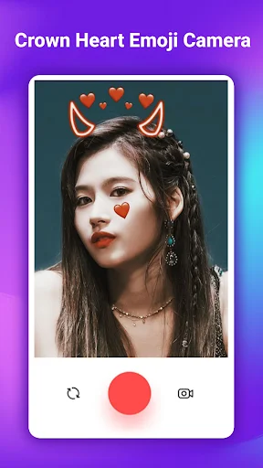 Portrait with devil horns emoji crown and red heart stickers applied in cute emoji beauty filter