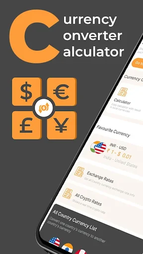 Currency Converter Calculator app logo and branding with USD, EUR, GBP, JPY currency symbols displayed on smartphone interface showing conversion features